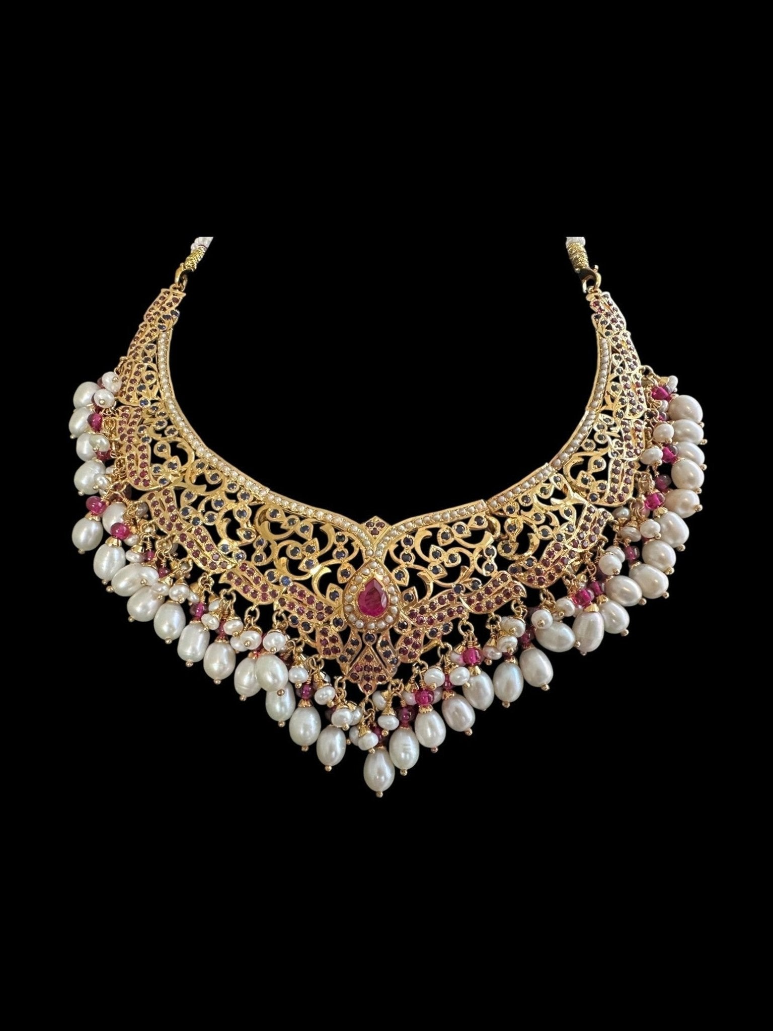 SN21 Ruby sapphire and fresh water pearl necklace with earrings in gold plated silver ( READY TO SHIP) - Courbe et Compagnie