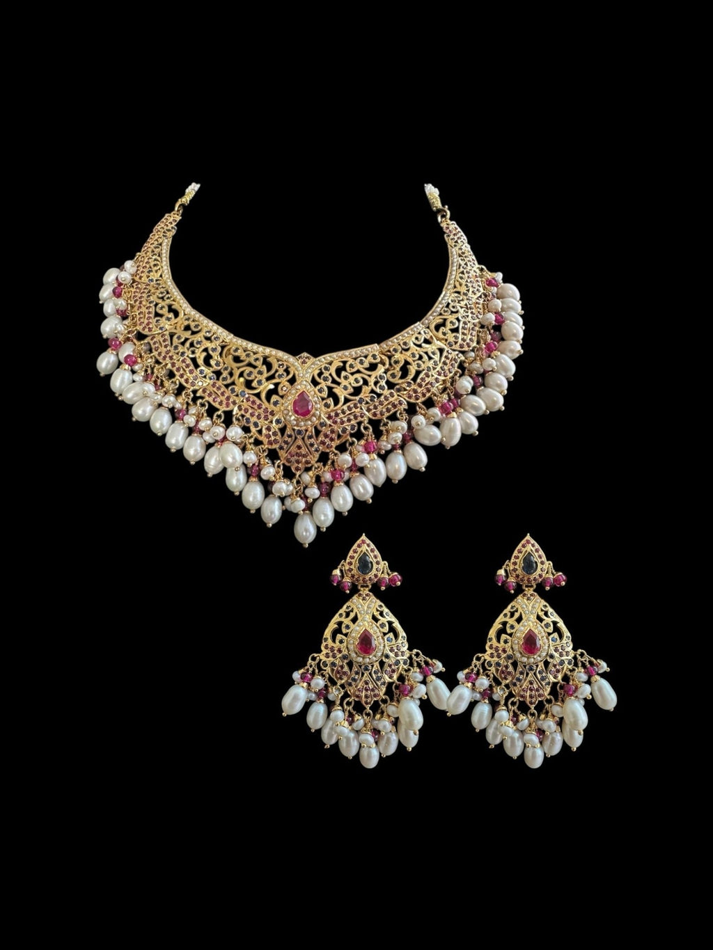 SN21 Ruby sapphire and fresh water pearl necklace with earrings in gold plated silver ( READY TO SHIP) - Courbe et Compagnie