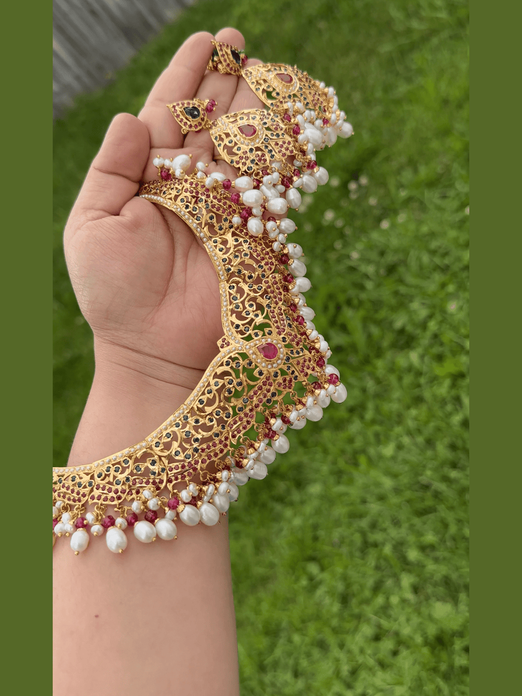 SN21 Ruby sapphire and fresh water pearl necklace with earrings in gold plated silver ( READY TO SHIP) - Courbe et Compagnie