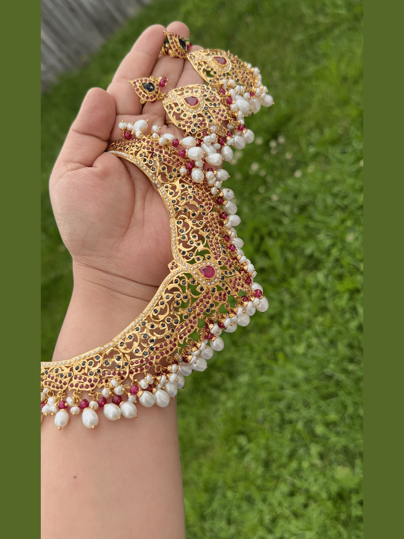 SN21 Ruby sapphire and fresh water pearl necklace with earrings in gold plated silver ( READY TO SHIP) - Courbe et Compagnie