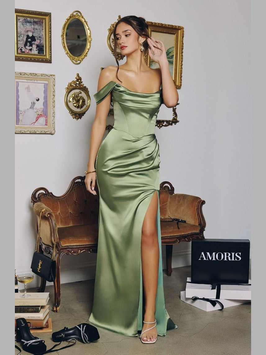 Soft Satin Bridesmaid Dress w/ Detachable Shoulder Straps & Sleek Silhouette CDT820 - Courbe et Compagnie