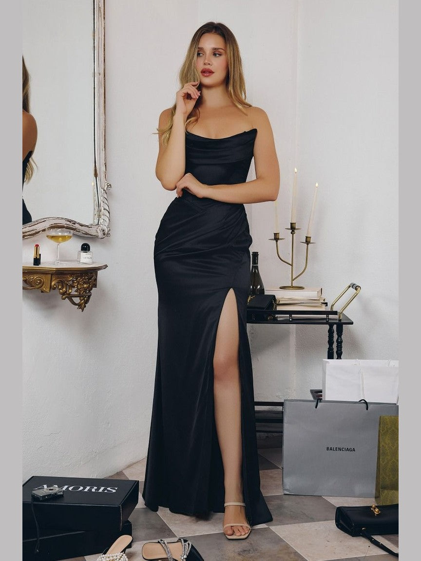 Soft Satin Bridesmaid Dress w/ Detachable Shoulder Straps & Sleek Silhouette CDT820 - Courbe et Compagnie