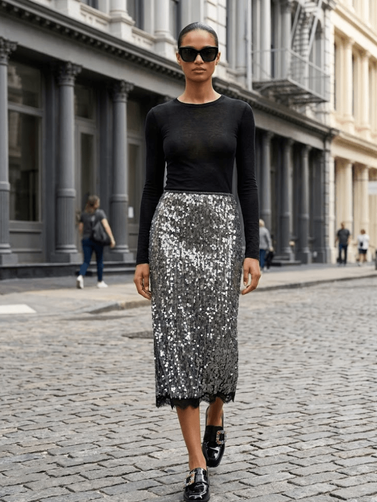 SOHO Women's Sequin & Lace Midi Skirt Prêt-à-Porter BYMANYC ® NY - Courbe et Compagnie