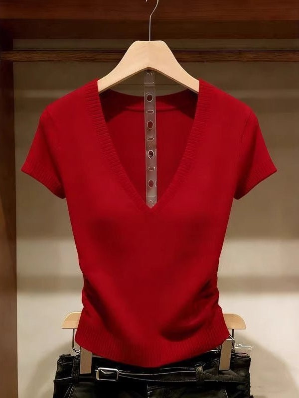Solid Color Ice Silk Knit Top for Women – Slim-Fit Short Sleeve Elegant Commuter Top - Courbe et Compagnie