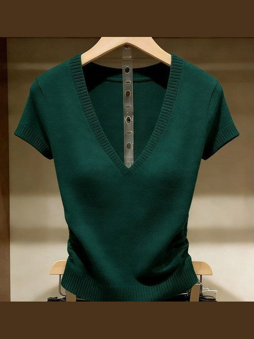 Solid Color Ice Silk Knit Top for Women – Slim-Fit Short Sleeve Elegant Commuter Top - Courbe et Compagnie