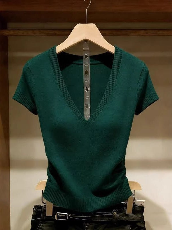 Solid Color Ice Silk Knit Top for Women – Slim-Fit Short Sleeve Elegant Commuter Top - Courbe et Compagnie