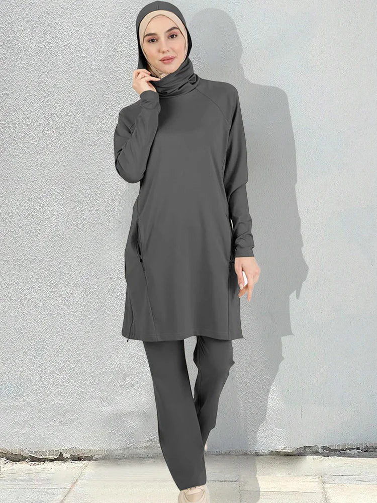 Sporty Muslim Sportswear Women Set Plain Islamic Pants Tops（contain Hijab) - Courbe et Compagnie