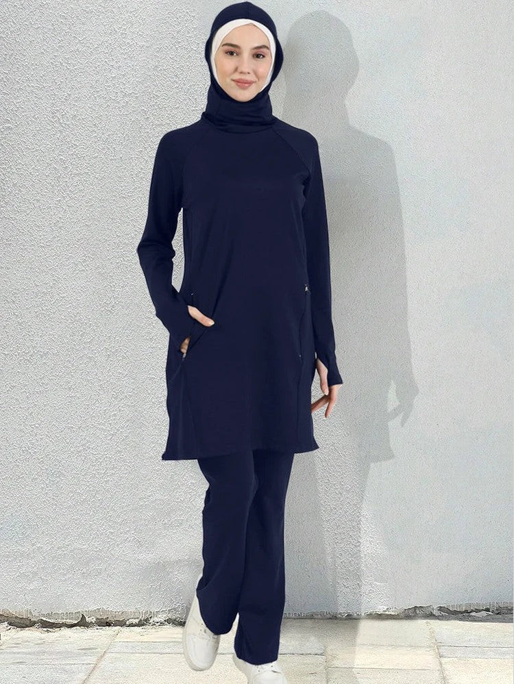 Sporty Muslim Sportswear Women Set Plain Islamic Pants Tops（contain Hijab) - Courbe et Compagnie