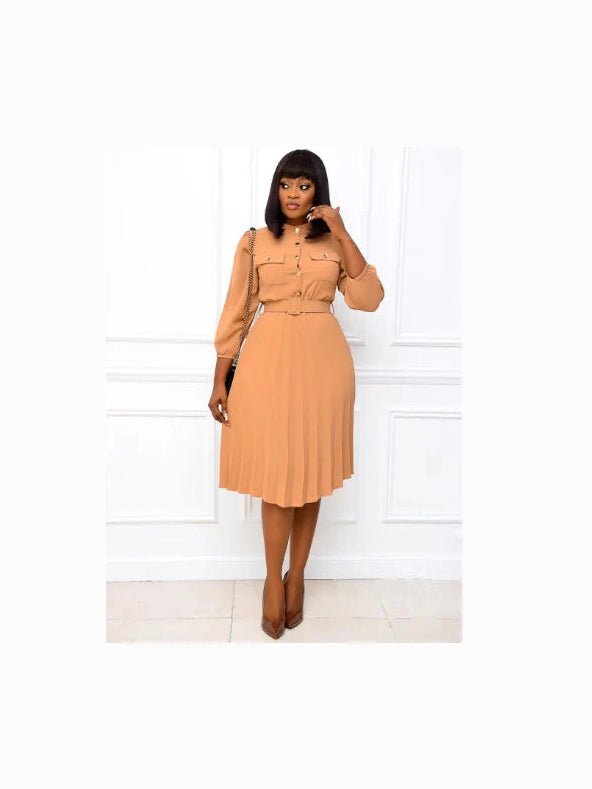 Stand-Collar Solid Color Midi Dress - Courbe et Compagnie