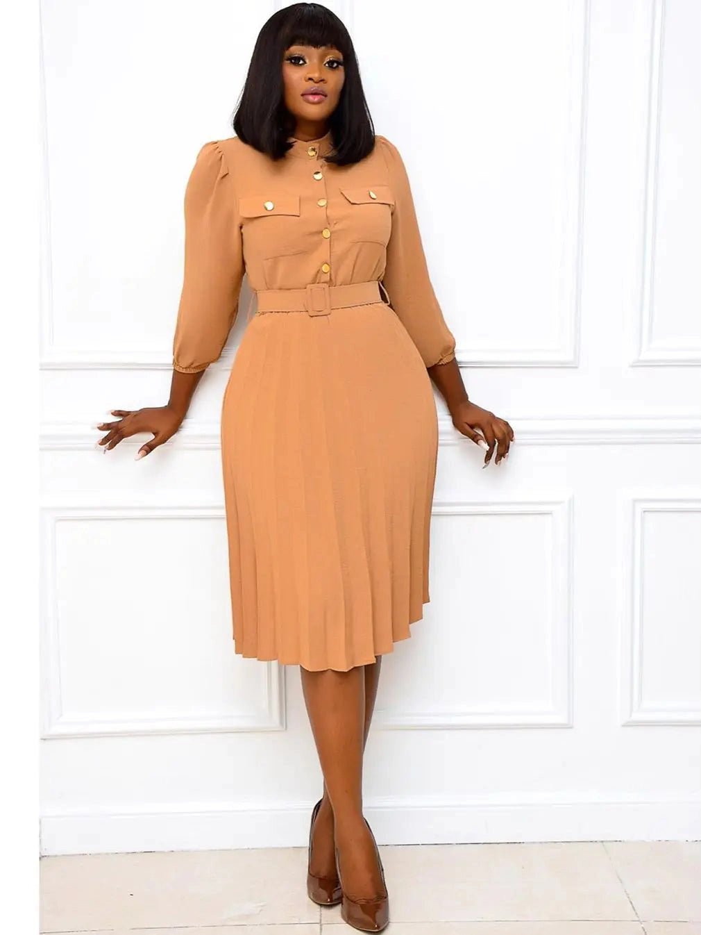 Stand-Collar Solid Color Midi Dress - Courbe et Compagnie