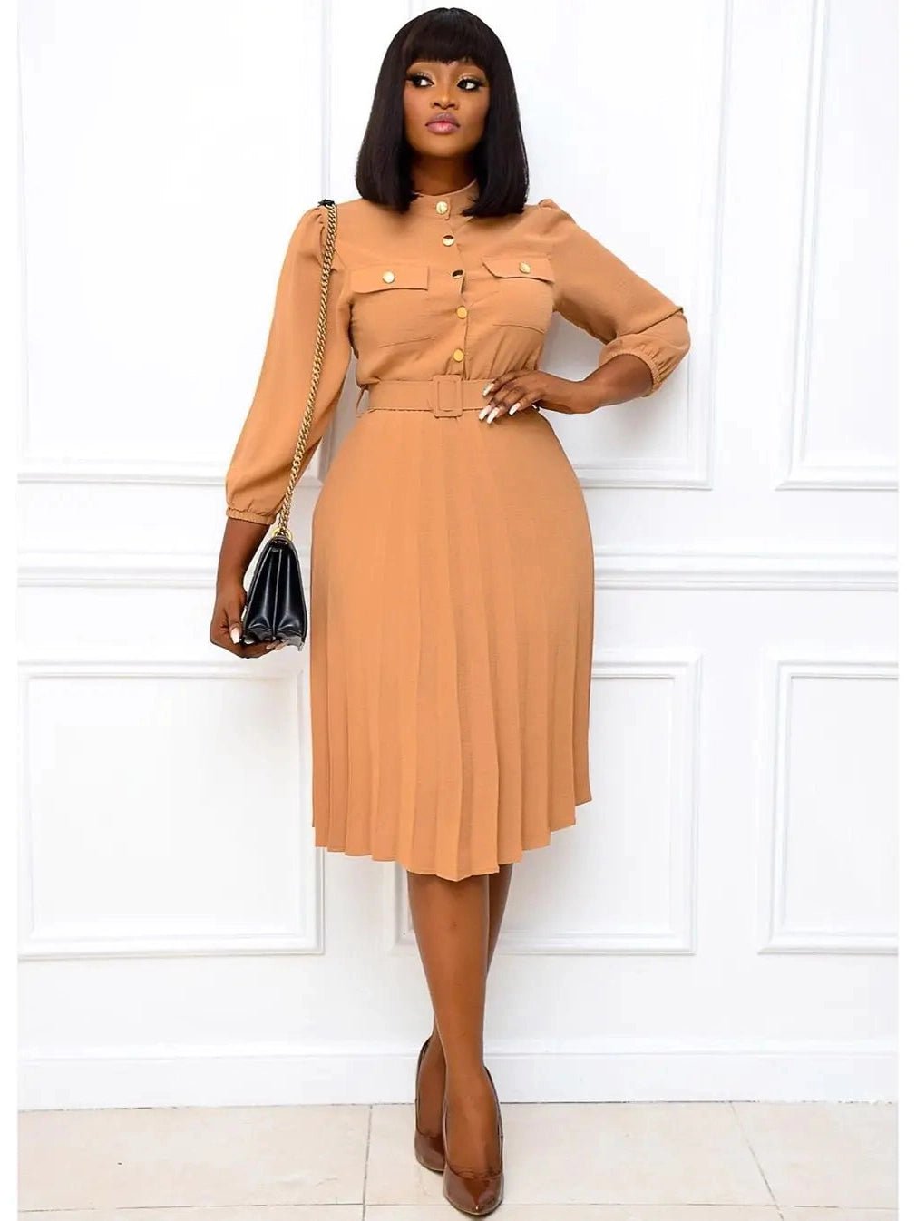 Stand-Collar Solid Color Midi Dress - Courbe et Compagnie