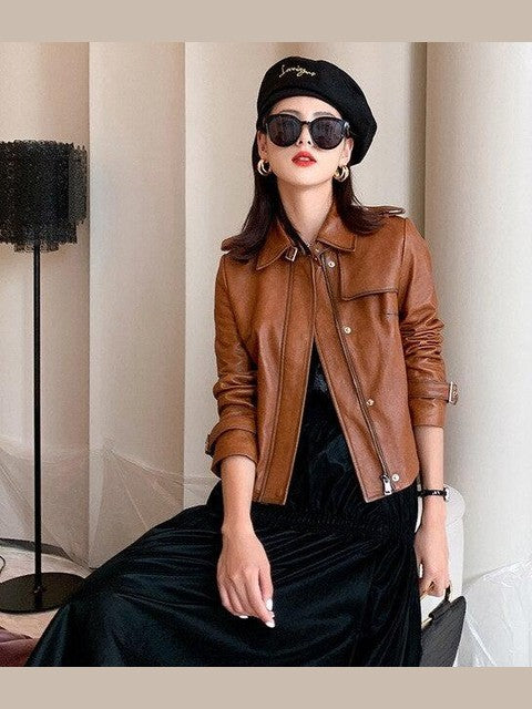 Stella Womens Vintage Sheepskin Coat Moto Biker Jacket - Courbe et Compagnie