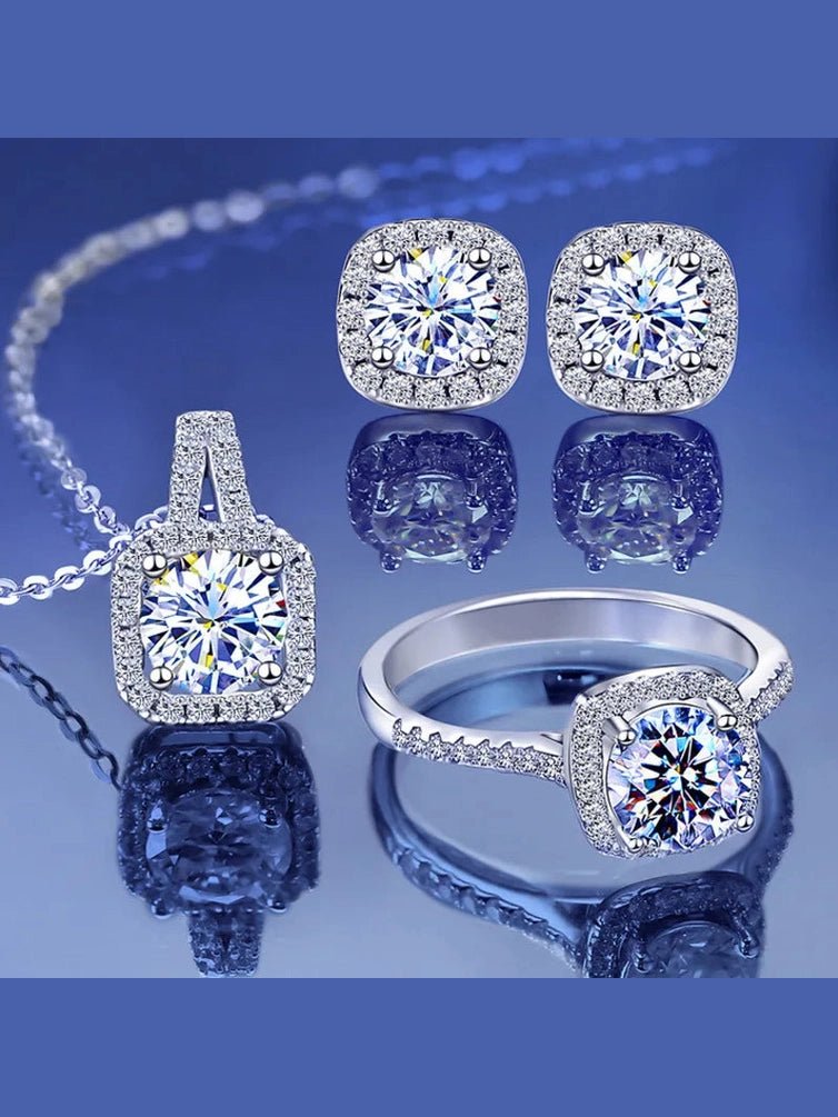 Sterling Silver 3-Piece Moissanite Jewelry Set 1ct Necklace Ring Earrings - Courbe et Compagnie
