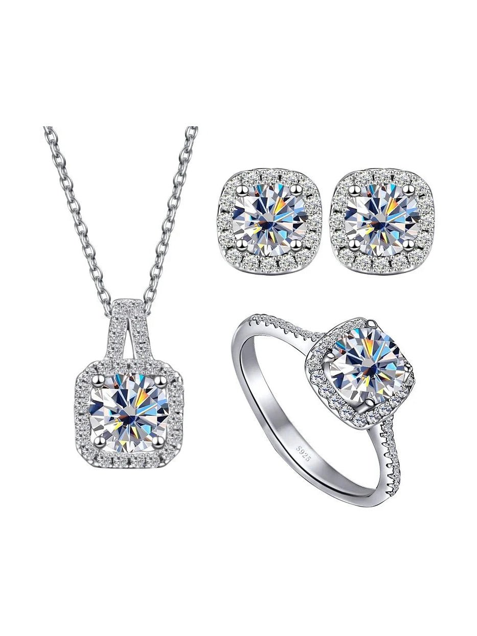 Sterling Silver 3-Piece Moissanite Jewelry Set 1ct Necklace Ring Earrings - Courbe et Compagnie
