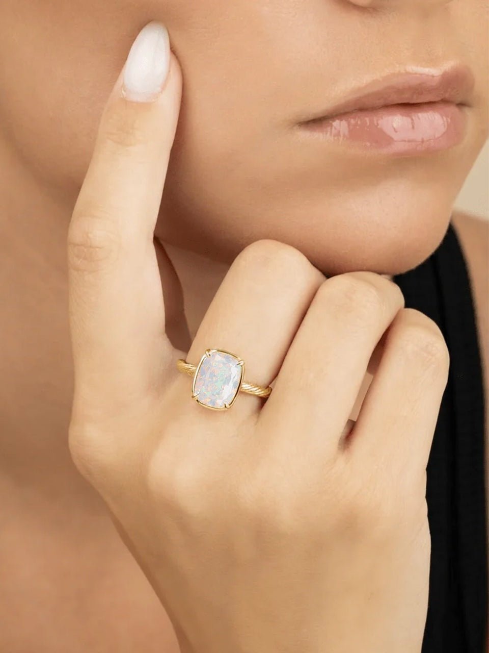 Sterling Silver Mini Opal Elongated Cushion Ring - Courbe et Compagnie