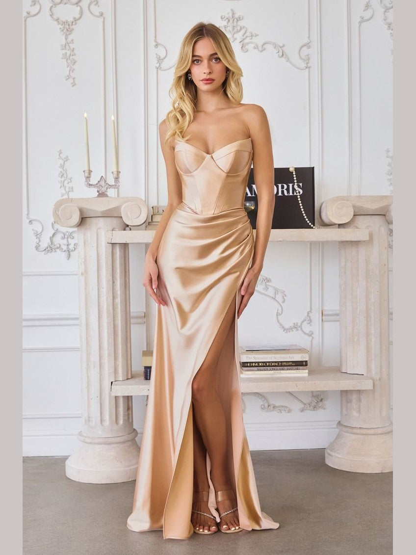 Strapless Soft Satin Sheath Ceremonial Dress w/ Sweetheart Neckline & Gathered Waistline CDT723 - Courbe et Compagnie