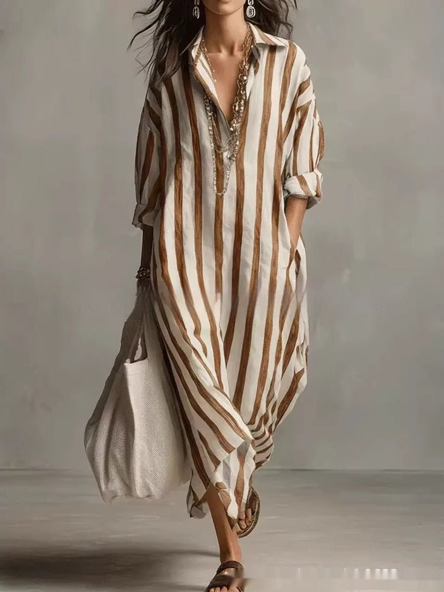 Striped Lapel Collar Dress – Side Slits & Pockets - Courbe et Compagnie