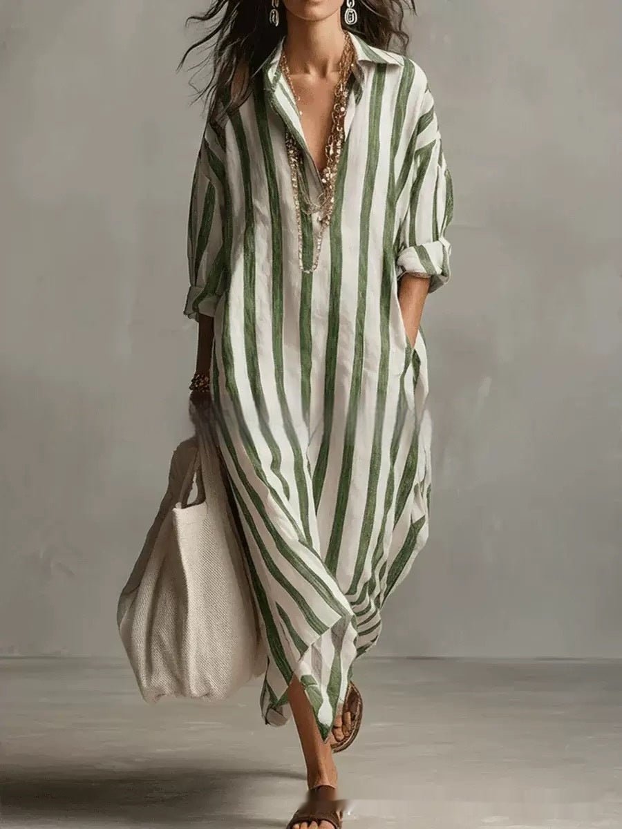 Striped Lapel Collar Dress – Side Slits & Pockets - Courbe et Compagnie
