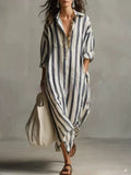 Striped Lapel Collar Dress – Side Slits & Pockets - Courbe et Compagnie