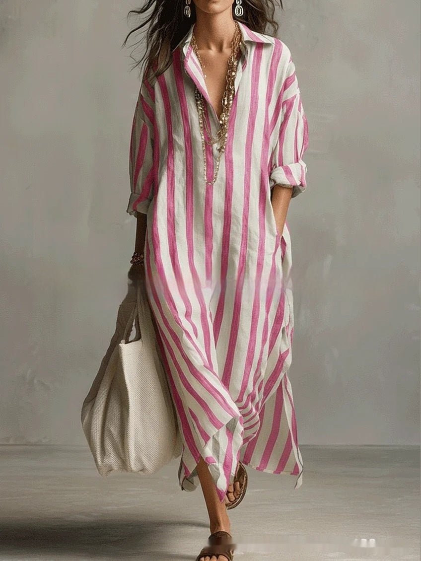 Striped Lapel Collar Dress – Side Slits & Pockets - Courbe et Compagnie