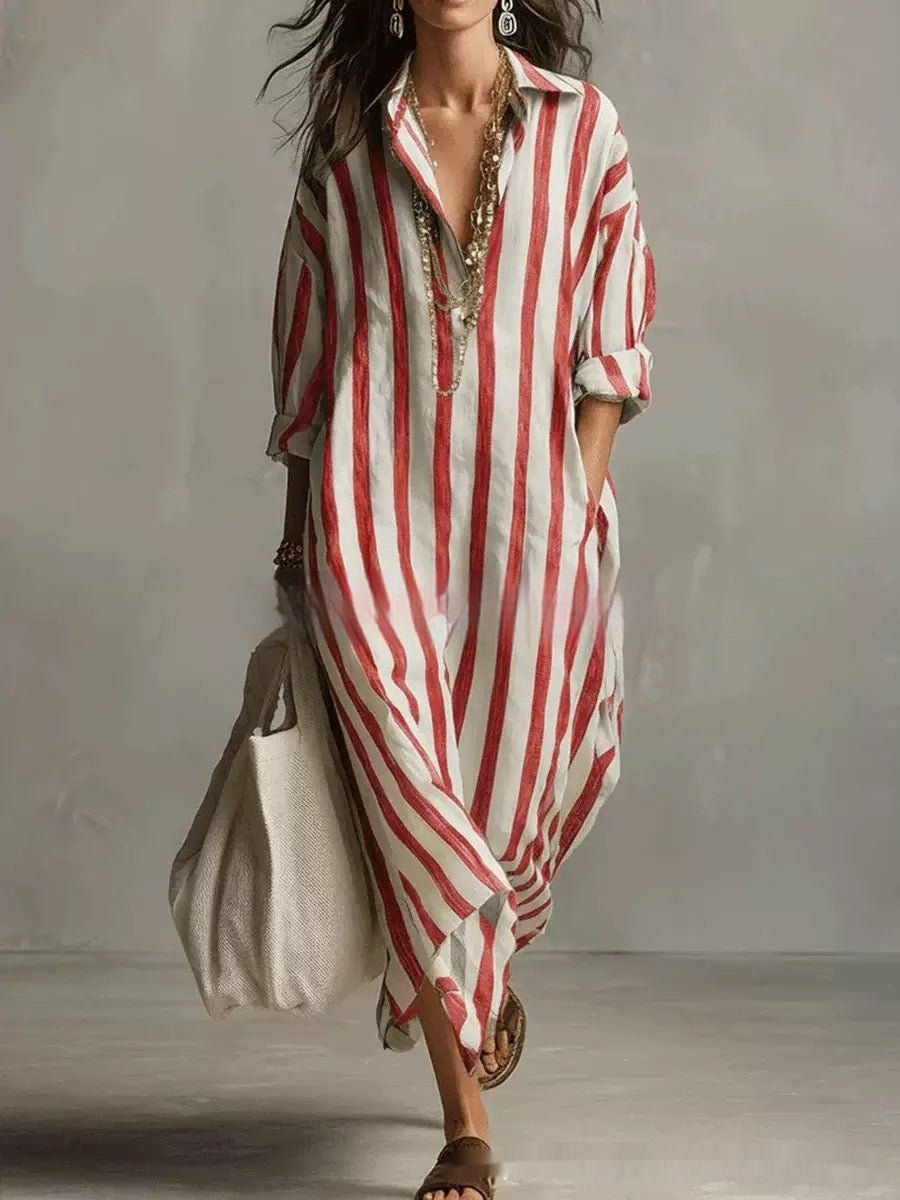 Striped Lapel Collar Dress – Side Slits & Pockets - Courbe et Compagnie