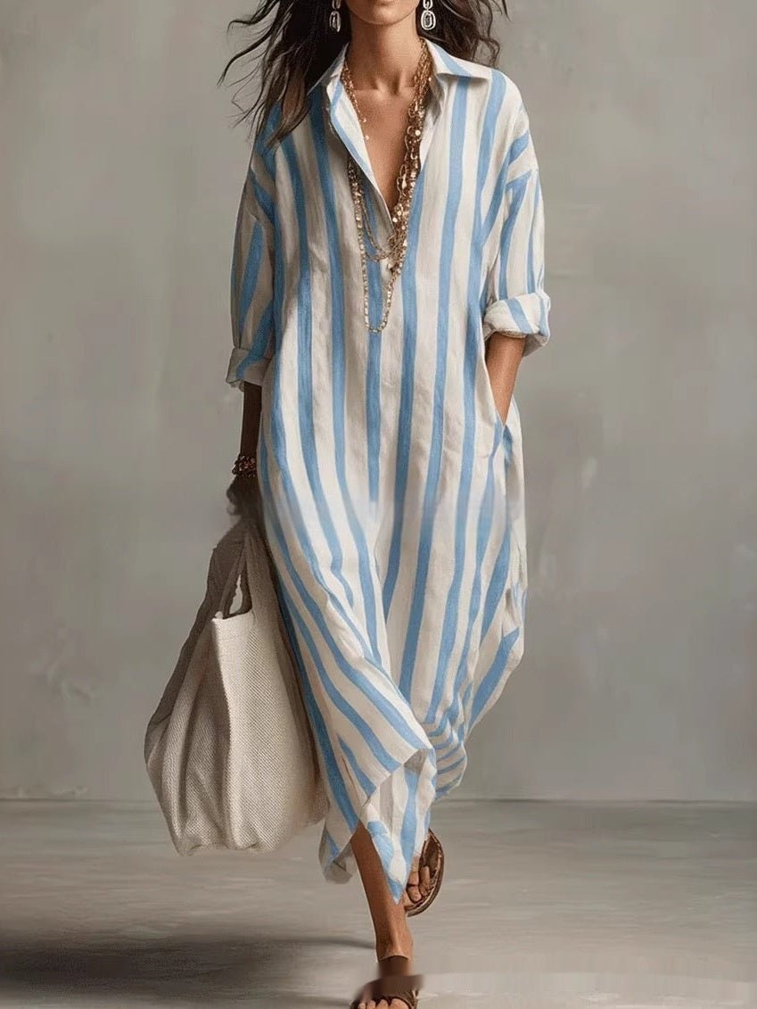 Striped Lapel Collar Dress – Side Slits & Pockets - Courbe et Compagnie