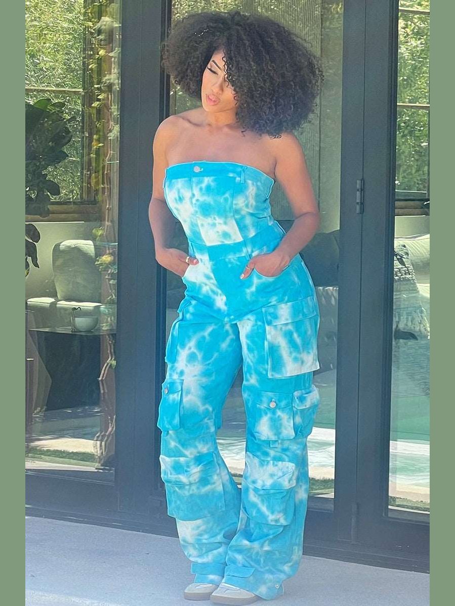 Summer Blue Tie Dye Strapless Utility Jumpsuit - Courbe et Compagnie