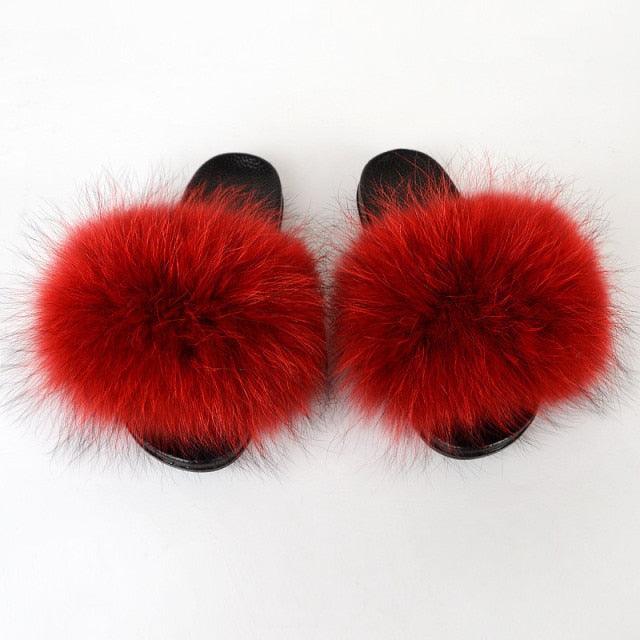 Summer Women Raccoon Fur Slippers Plush Slides Furry Sandals Fluffy House Shoes Girl's Cute Flip Flops Sandal With Soft Furry Faux Fox Fur House Outdoor Multicolor Slippers - Courbe et Compagnie