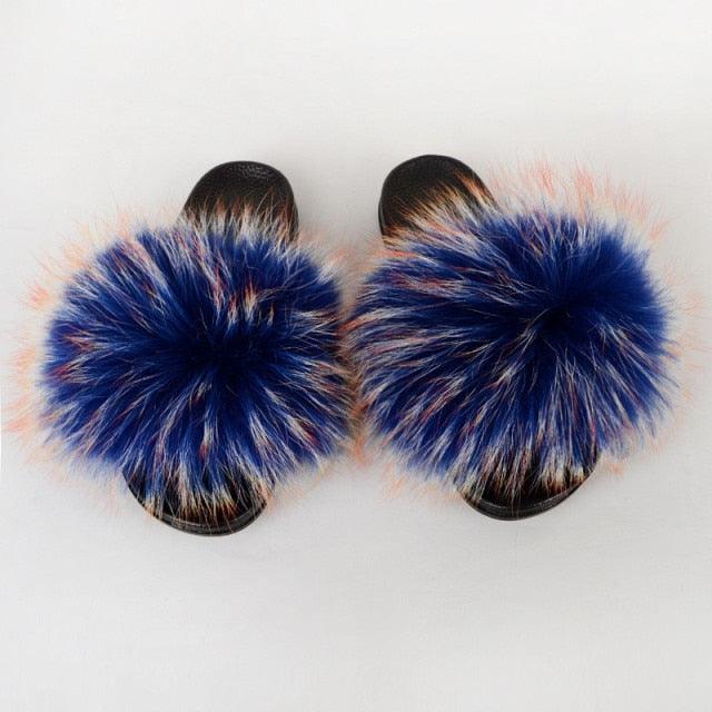 Summer Women Raccoon Fur Slippers Plush Slides Furry Sandals Fluffy House Shoes Girl's Cute Flip Flops Sandal With Soft Furry Faux Fox Fur House Outdoor Multicolor Slippers - Courbe et Compagnie