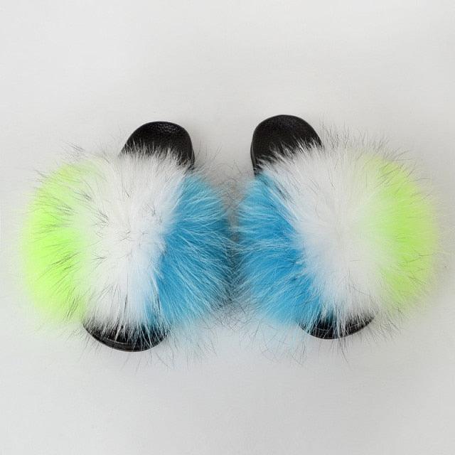 Summer Women Raccoon Fur Slippers Plush Slides Furry Sandals Fluffy House Shoes Girl's Cute Flip Flops Sandal With Soft Furry Faux Fox Fur House Outdoor Multicolor Slippers - Courbe et Compagnie