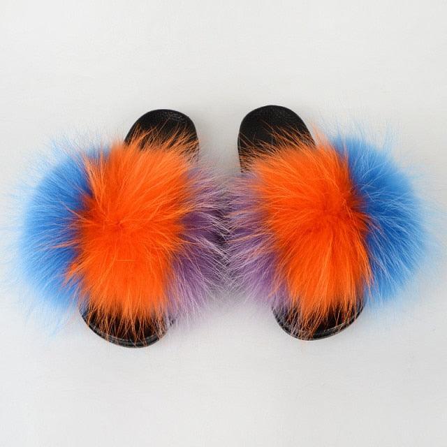 Summer Women Raccoon Fur Slippers Plush Slides Furry Sandals Fluffy House Shoes Girl's Cute Flip Flops Sandal With Soft Furry Faux Fox Fur House Outdoor Multicolor Slippers - Courbe et Compagnie