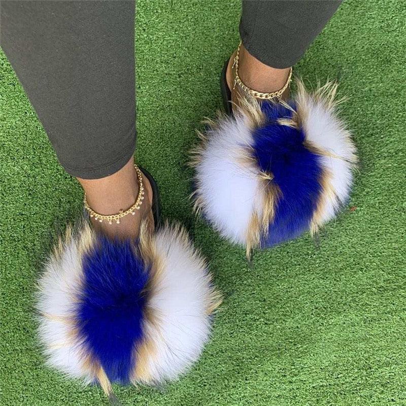Summer Women Raccoon Fur Slippers Plush Slides Furry Sandals Fluffy House Shoes Girl's Cute Flip Flops Sandal With Soft Furry Faux Fox Fur House Outdoor Multicolor Slippers - Courbe et Compagnie
