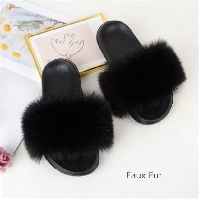 Summer Women Raccoon Fur Slippers Plush Slides Furry Sandals Fluffy House Shoes Girl's Cute Flip Flops Sandal With Soft Furry Faux Fox Fur House Outdoor Multicolor Slippers - Courbe et Compagnie
