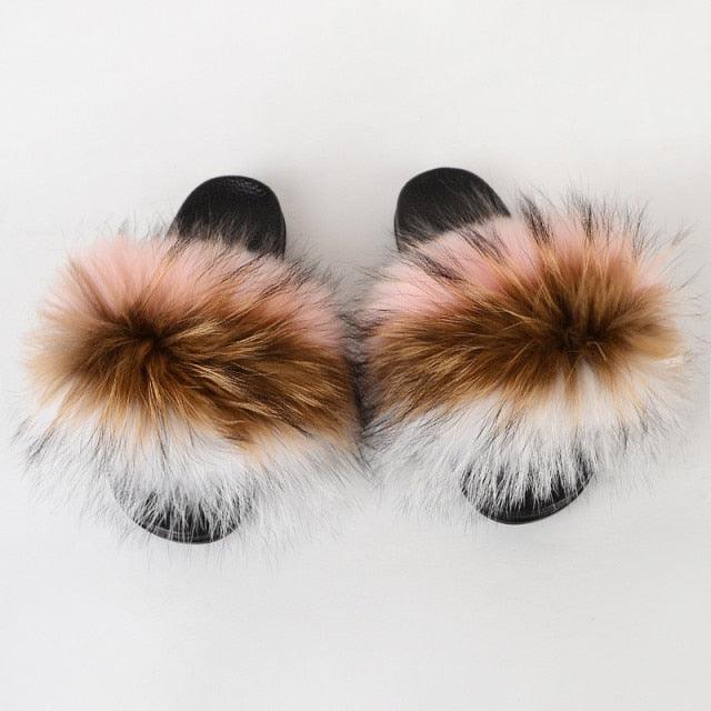 Summer Women Raccoon Fur Slippers Plush Slides Furry Sandals Fluffy House Shoes Girl's Cute Flip Flops Sandal With Soft Furry Faux Fox Fur House Outdoor Multicolor Slippers - Courbe et Compagnie