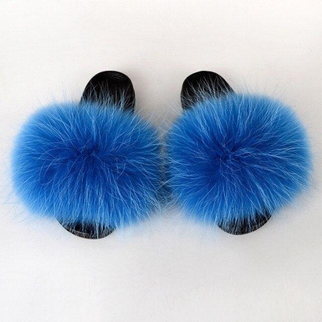 Summer Women Raccoon Fur Slippers Plush Slides Furry Sandals Fluffy House Shoes Girl's Cute Flip Flops Sandal With Soft Furry Faux Fox Fur House Outdoor Multicolor Slippers - Courbe et Compagnie