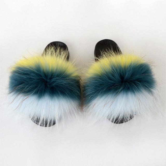 Summer Women Raccoon Fur Slippers Plush Slides Furry Sandals Fluffy House Shoes Girl's Cute Flip Flops Sandal With Soft Furry Faux Fox Fur House Outdoor Multicolor Slippers - Courbe et Compagnie