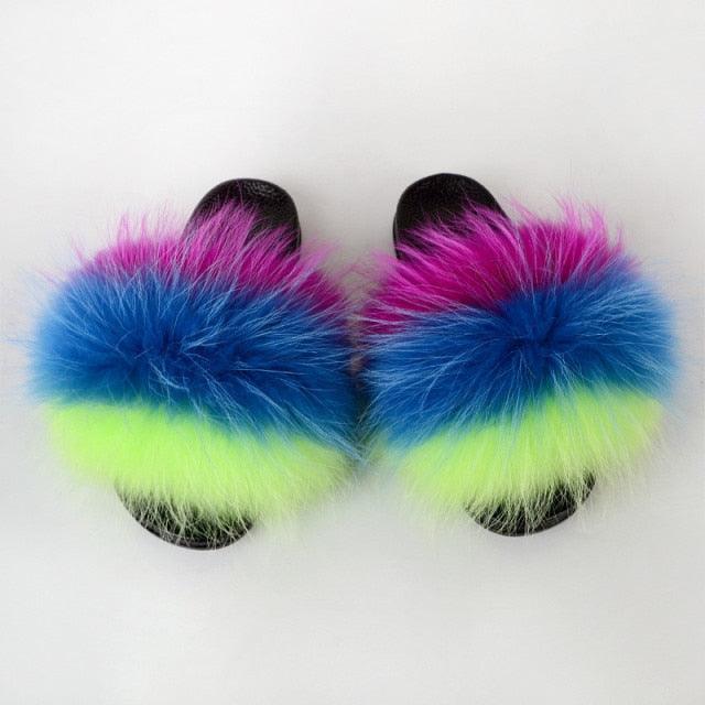 Summer Women Raccoon Fur Slippers Plush Slides Furry Sandals Fluffy House Shoes Girl's Cute Flip Flops Sandal With Soft Furry Faux Fox Fur House Outdoor Multicolor Slippers - Courbe et Compagnie