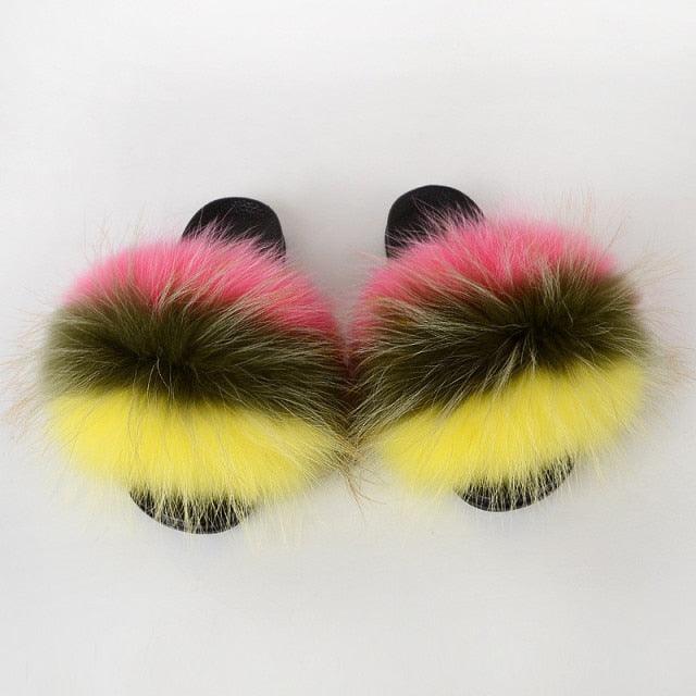 Summer Women Raccoon Fur Slippers Plush Slides Furry Sandals Fluffy House Shoes Girl's Cute Flip Flops Sandal With Soft Furry Faux Fox Fur House Outdoor Multicolor Slippers - Courbe et Compagnie