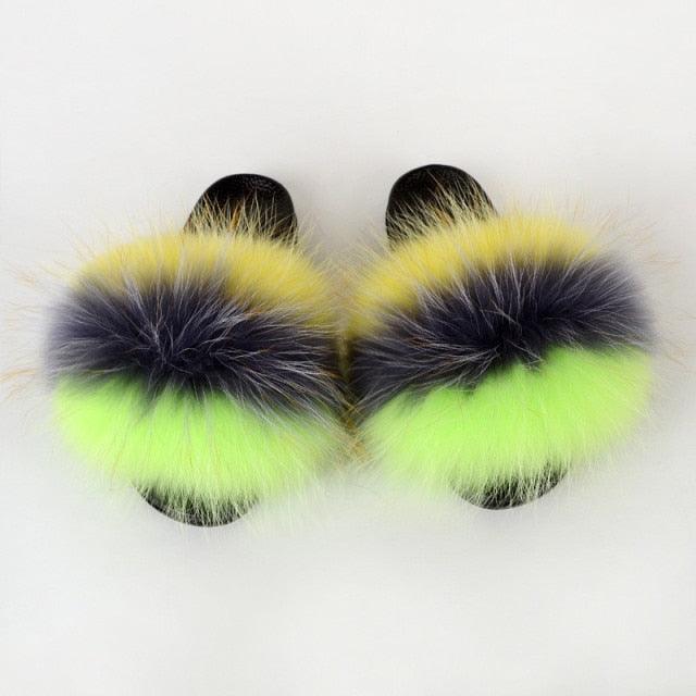 Summer Women Raccoon Fur Slippers Plush Slides Furry Sandals Fluffy House Shoes Girl's Cute Flip Flops Sandal With Soft Furry Faux Fox Fur House Outdoor Multicolor Slippers - Courbe et Compagnie