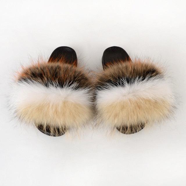 Summer Women Raccoon Fur Slippers Plush Slides Furry Sandals Fluffy House Shoes Girl's Cute Flip Flops Sandal With Soft Furry Faux Fox Fur House Outdoor Multicolor Slippers - Courbe et Compagnie