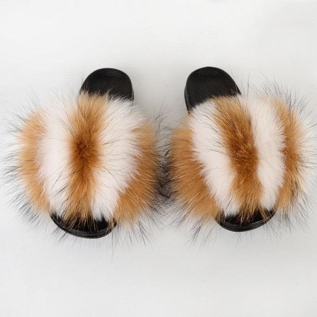 Summer Women Raccoon Fur Slippers Plush Slides Furry Sandals Fluffy House Shoes Girl's Cute Flip Flops Sandal With Soft Furry Faux Fox Fur House Outdoor Multicolor Slippers - Courbe et Compagnie