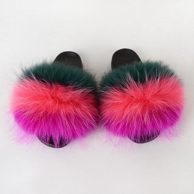 Summer Women Raccoon Fur Slippers Plush Slides Furry Sandals Fluffy House Shoes Girl's Cute Flip Flops Sandal With Soft Furry Faux Fox Fur House Outdoor Multicolor Slippers - Courbe et Compagnie