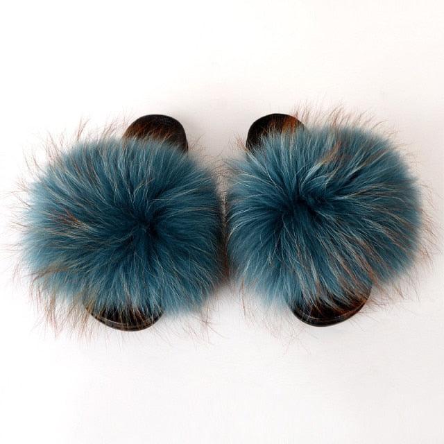 Summer Women Raccoon Fur Slippers Plush Slides Furry Sandals Fluffy House Shoes Girl's Cute Flip Flops Sandal With Soft Furry Faux Fox Fur House Outdoor Multicolor Slippers - Courbe et Compagnie