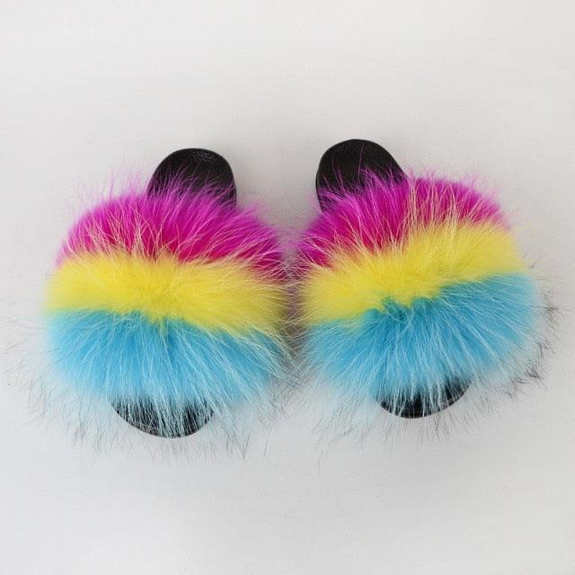 Summer Women Raccoon Fur Slippers Plush Slides Furry Sandals Fluffy House Shoes Girl's Cute Flip Flops Sandal With Soft Furry Faux Fox Fur House Outdoor Multicolor Slippers - Courbe et Compagnie