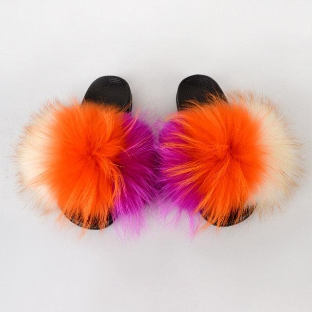Summer Women Raccoon Fur Slippers Plush Slides Furry Sandals Fluffy House Shoes Girl's Cute Flip Flops Sandal With Soft Furry Faux Fox Fur House Outdoor Multicolor Slippers - Courbe et Compagnie