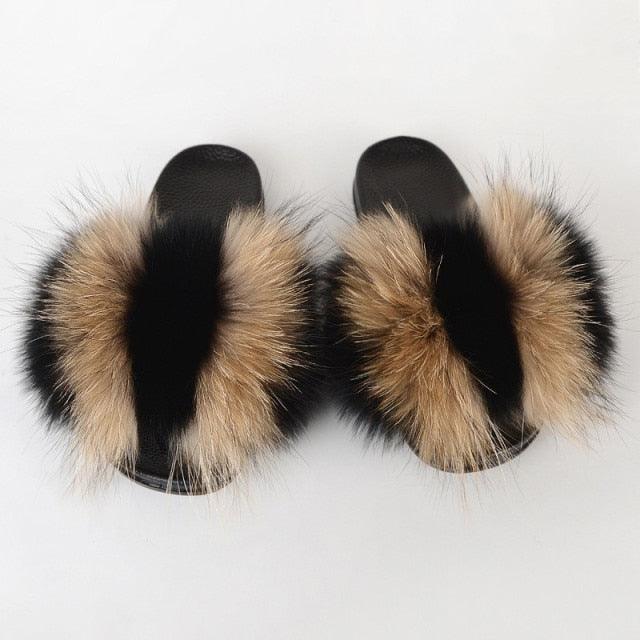 Summer Women Raccoon Fur Slippers Plush Slides Furry Sandals Fluffy House Shoes Girl's Cute Flip Flops Sandal With Soft Furry Faux Fox Fur House Outdoor Multicolor Slippers - Courbe et Compagnie
