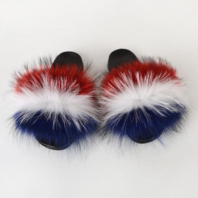 Summer Women Raccoon Fur Slippers Plush Slides Furry Sandals Fluffy House Shoes Girl's Cute Flip Flops Sandal With Soft Furry Faux Fox Fur House Outdoor Multicolor Slippers - Courbe et Compagnie