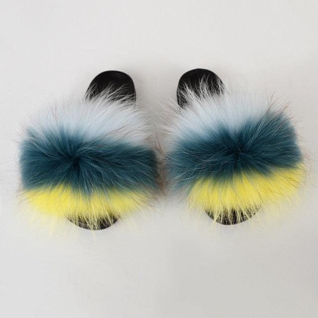Summer Women Raccoon Fur Slippers Plush Slides Furry Sandals Fluffy House Shoes Girl's Cute Flip Flops Sandal With Soft Furry Faux Fox Fur House Outdoor Multicolor Slippers - Courbe et Compagnie