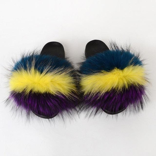 Summer Women Raccoon Fur Slippers Plush Slides Furry Sandals Fluffy House Shoes Girl's Cute Flip Flops Sandal With Soft Furry Faux Fox Fur House Outdoor Multicolor Slippers - Courbe et Compagnie