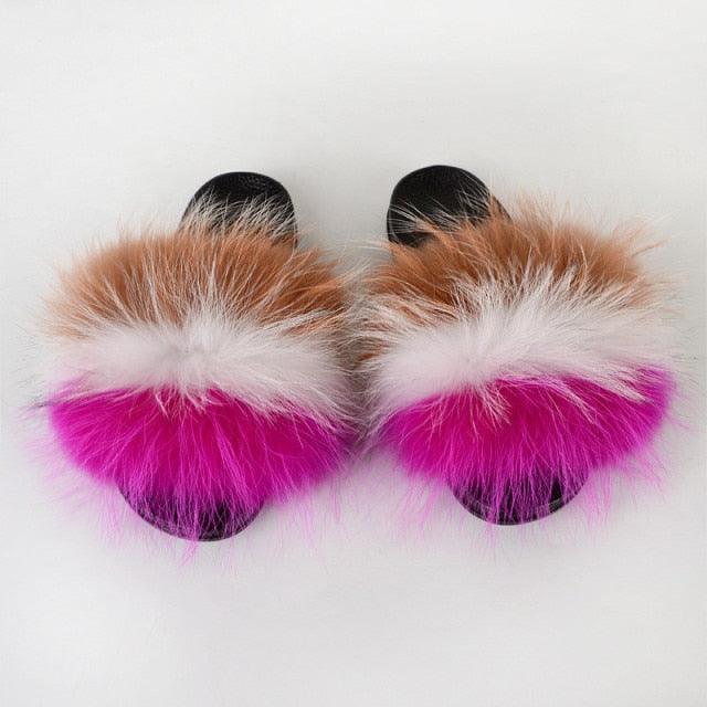 Summer Women Raccoon Fur Slippers Plush Slides Furry Sandals Fluffy House Shoes Girl's Cute Flip Flops Sandal With Soft Furry Faux Fox Fur House Outdoor Multicolor Slippers - Courbe et Compagnie